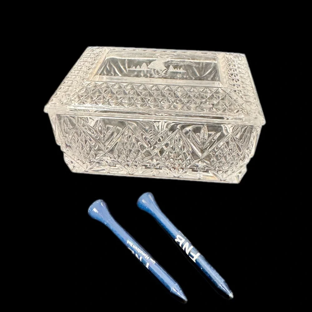 Waterford Crystal Golf Trinket Box Clear Etched Golfer Lid‎ Diamond Cut Decor